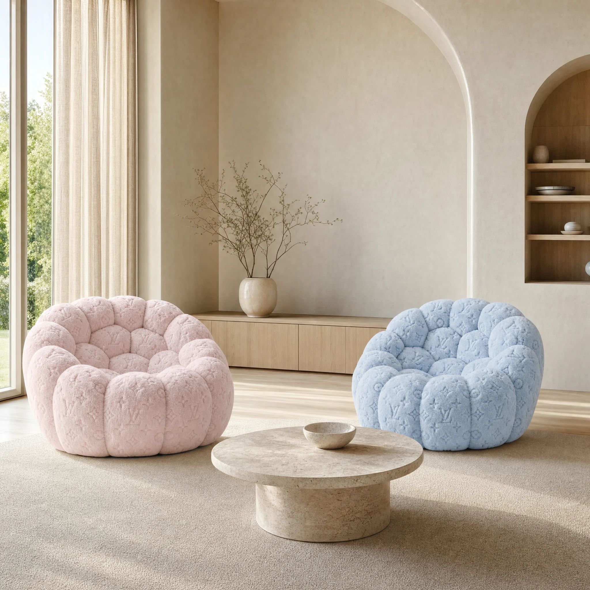 Pale pink and pale blue Monogram Lounge chairs together