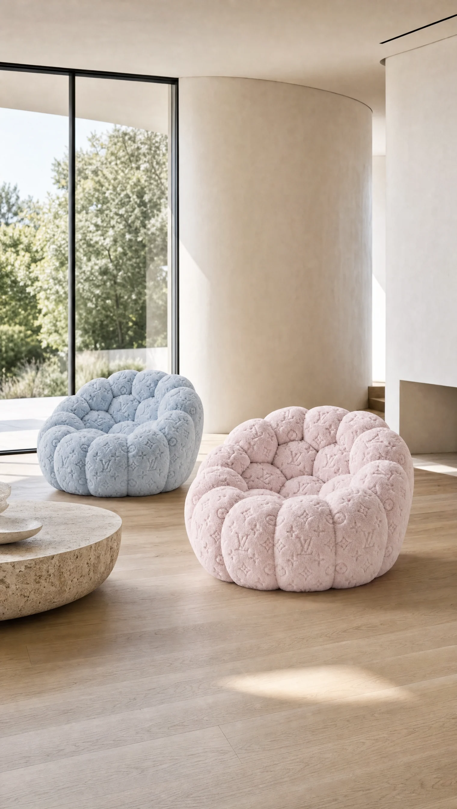 Monogram Lounge interior in pale pink and pale blue
